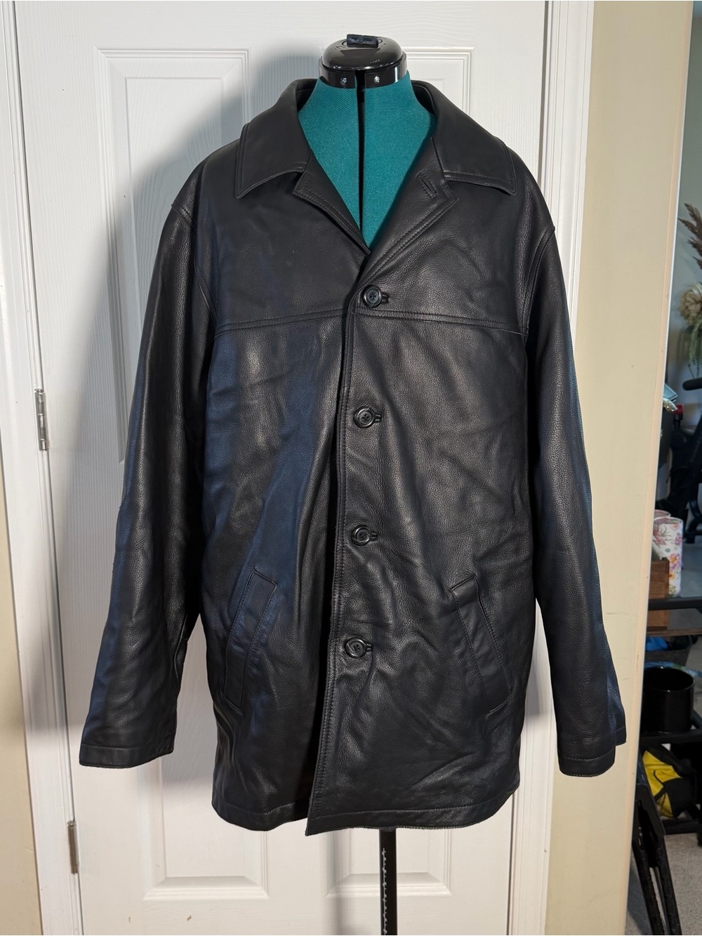 Oversized Black Genuine Leather Button Down Collared Pea Coat Alt Punk Jacket